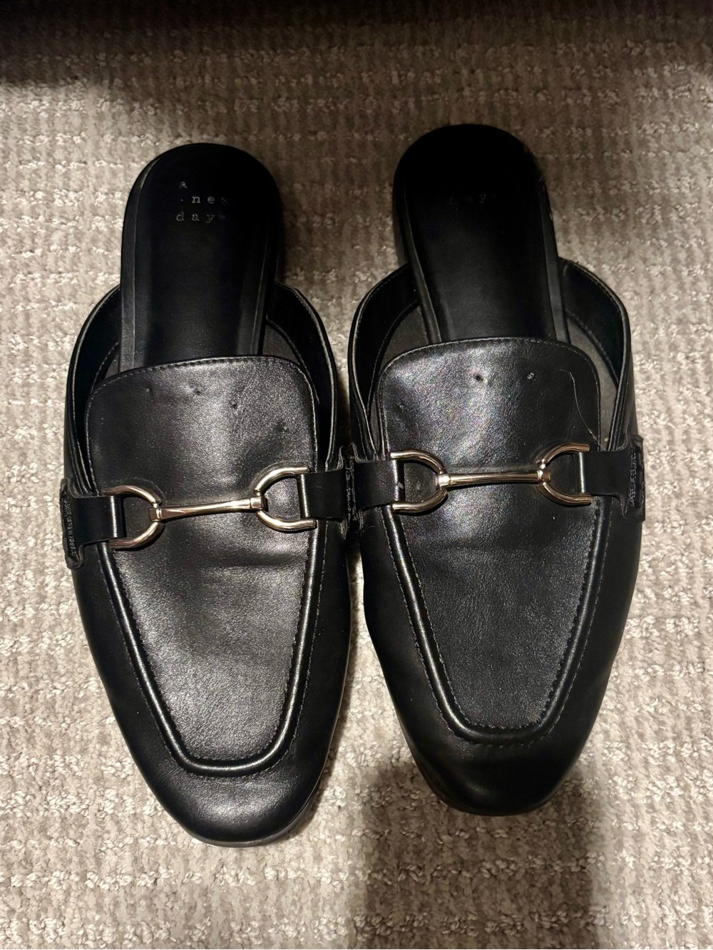 a new day Black Leather Slip-On Loafers with Gold Bit